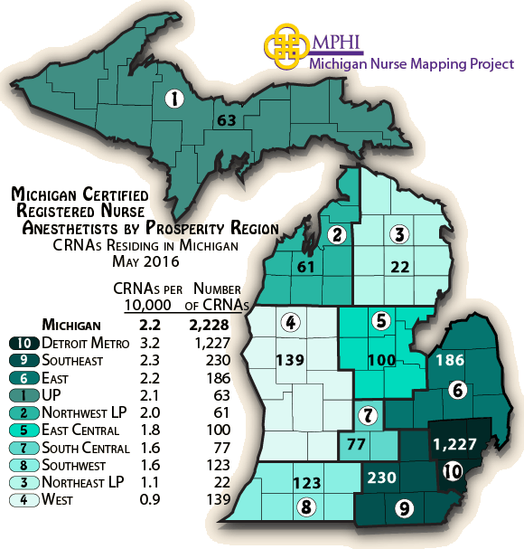 mmap depicts Michigan certified registered nurse anesthetists by prosperity regions in 2016